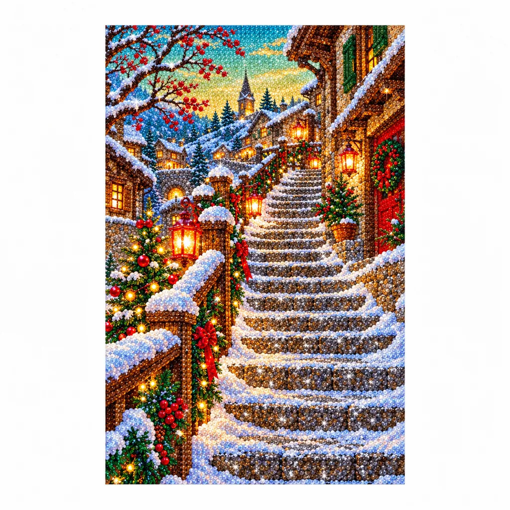 Completed diamond painting of a snowy Scandinavian bridge lined with glowing lanterns.