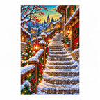 Completed diamond painting of a snowy Scandinavian bridge lined with glowing lanterns.