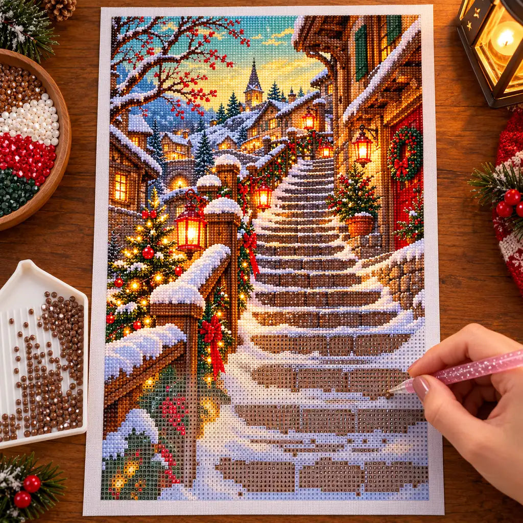 Hands placing drills on the Scandinavian lantern bridge diamond painting canvas.