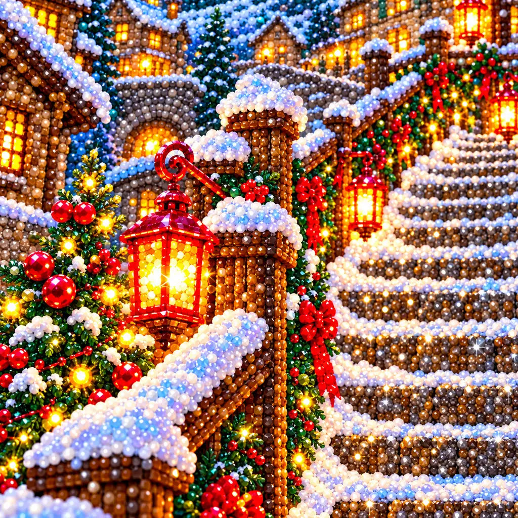 Close-up of the diamond drills on the snowy bridge and lanterns.