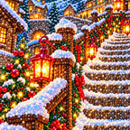 Close-up of the diamond drills on the snowy bridge and lanterns.