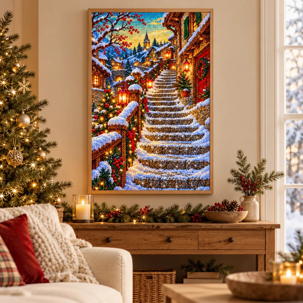 Framed Scandinavian lantern bridge diamond painting displayed in a winter home.