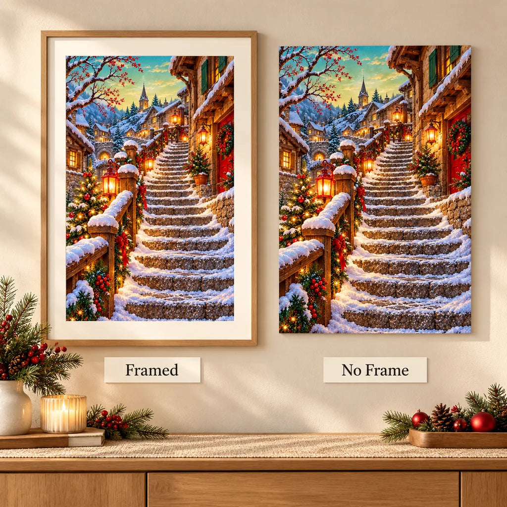 Framed and no-frame options for the Scandinavian lantern bridge diamond painting.