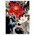 Original artwork showing scarlet blossoms, white cosmos, and blue butterflies.
