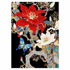 Original artwork showing scarlet blossoms, white cosmos, and blue butterflies.