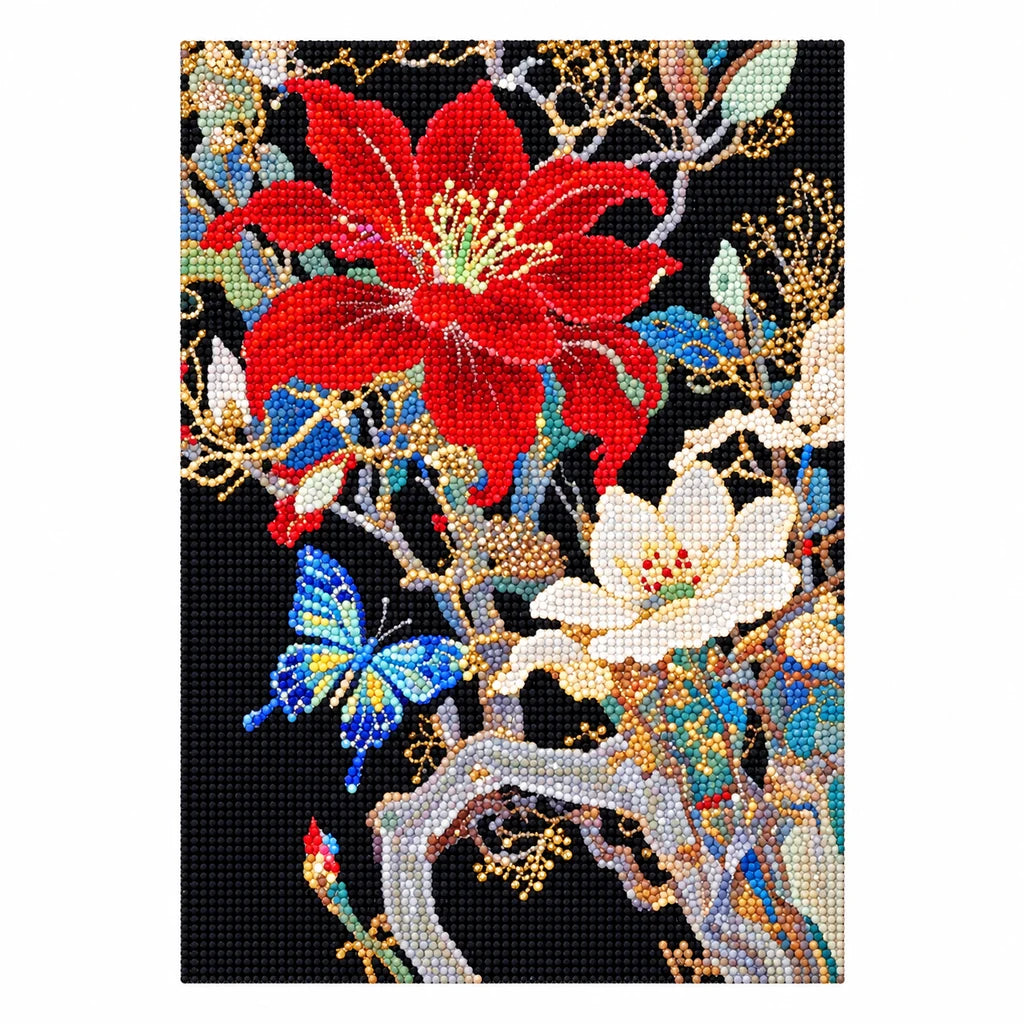 Finished diamond painting of scarlet blossoms, white cosmos, and blue butterflies.