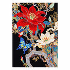 Finished diamond painting of scarlet blossoms, white cosmos, and blue butterflies.