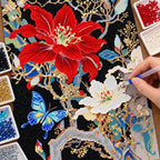 Diamond painting process for scarlet blossoms, white cosmos, and blue butterflies.