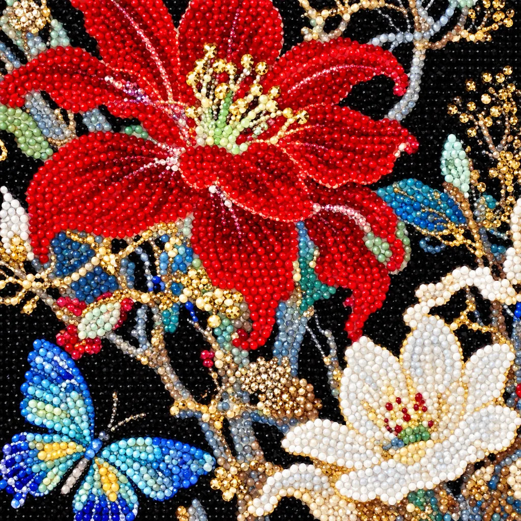 Close-up of diamond drill details in scarlet blossoms, white cosmos, and blue butterflies.