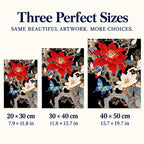 Size guide for Scarlet Blossom White Cosmos Butterfly Diamond Painting Kit: 20 × 30 cm, 30 × 40 cm, and 40 × 50 cm.