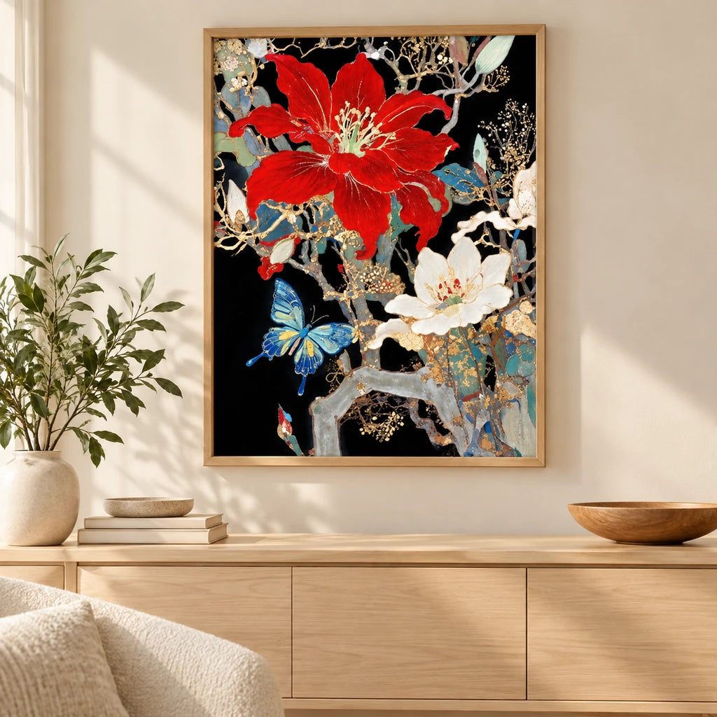 Home decor scene showing scarlet blossoms, white cosmos, and blue butterflies displayed on a wall.