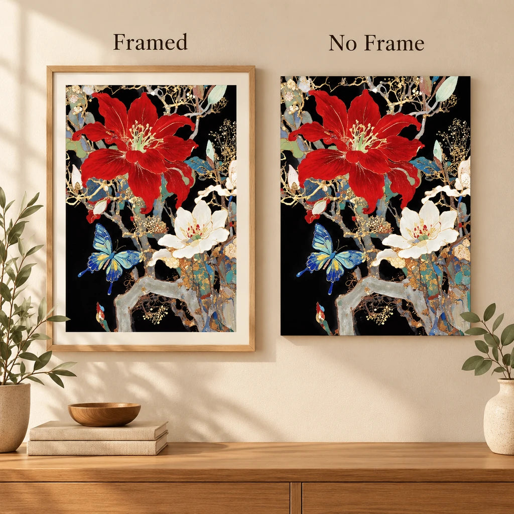 Framed and no-frame comparison for Scarlet Blossom White Cosmos Butterfly Diamond Painting Kit.