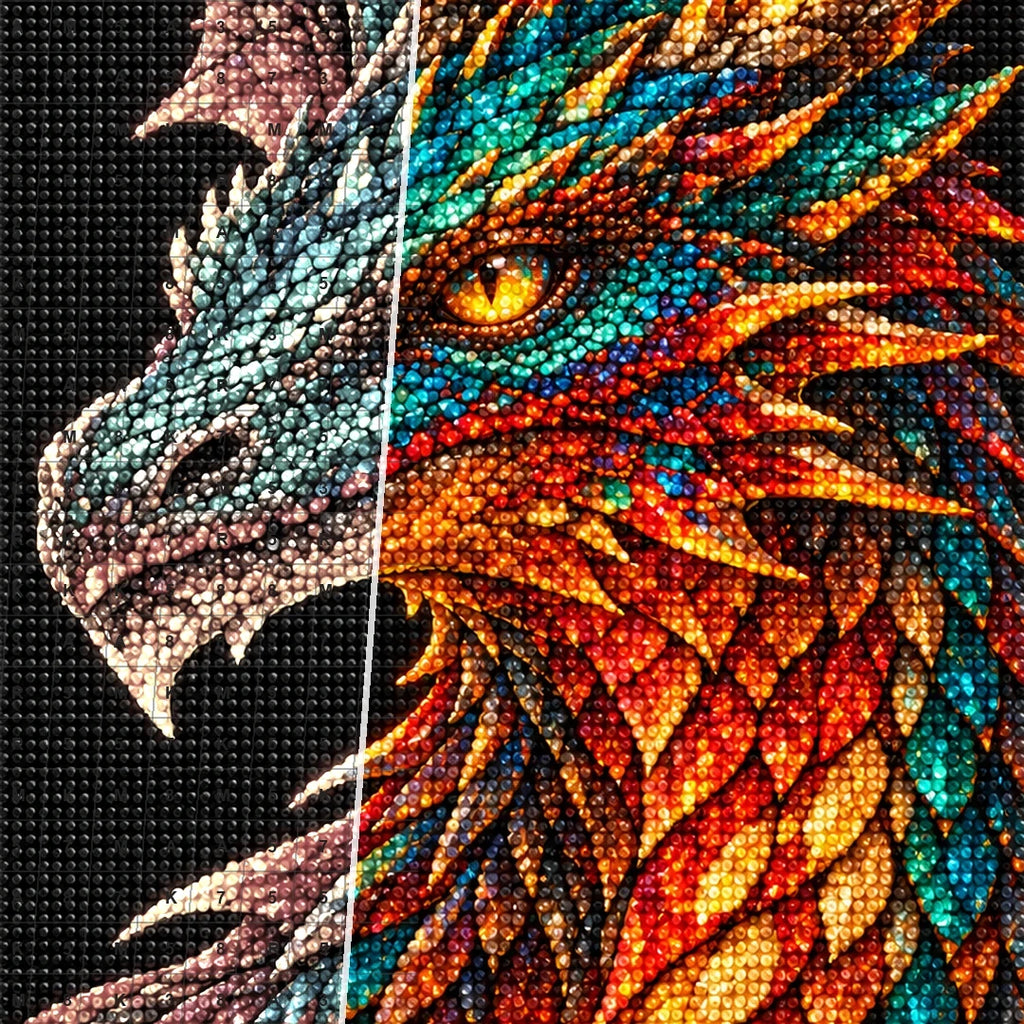 Scarlet Emerald Mosaic Dragon diamond drill and canvas detail