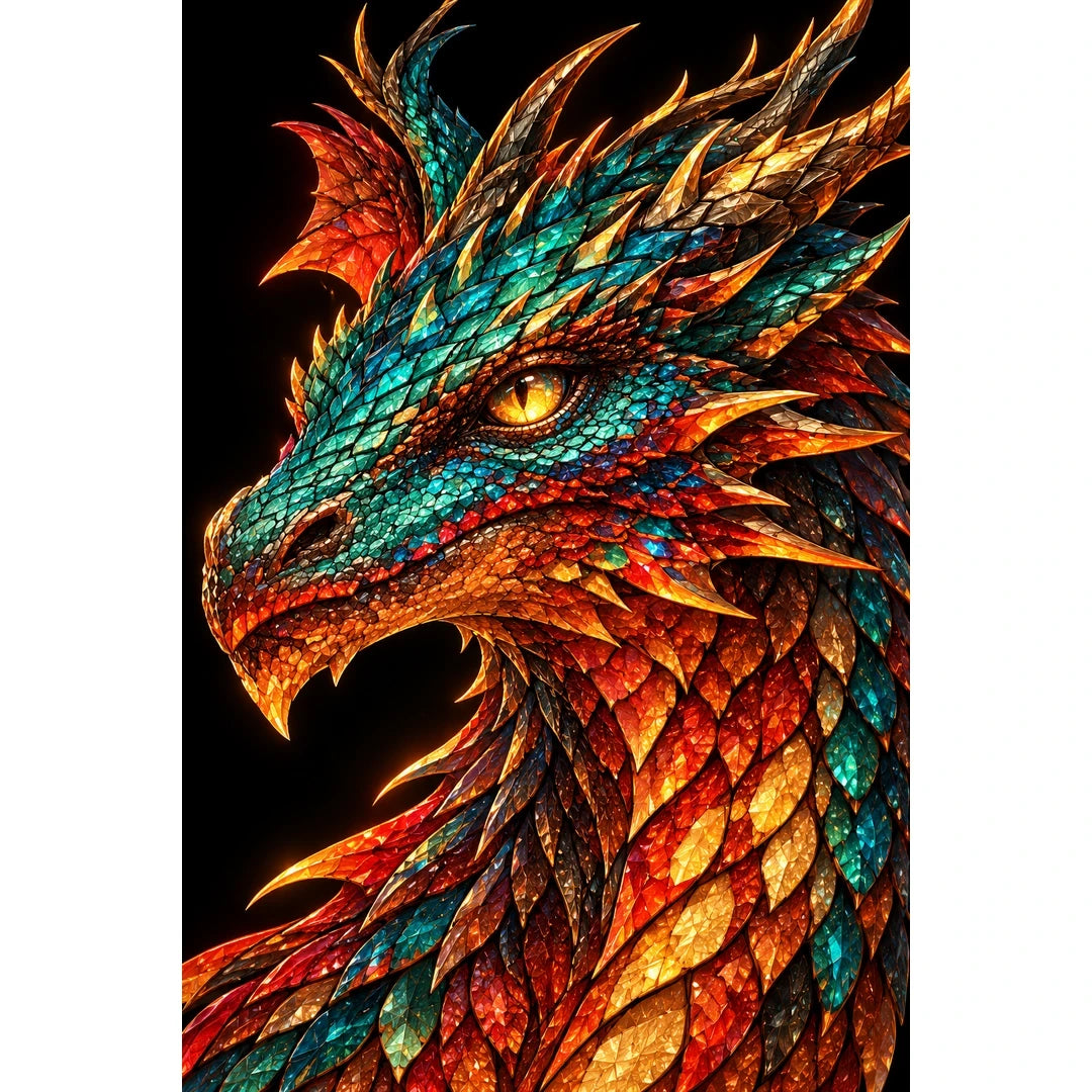 Scarlet Emerald Mosaic Dragon original artwork on white background