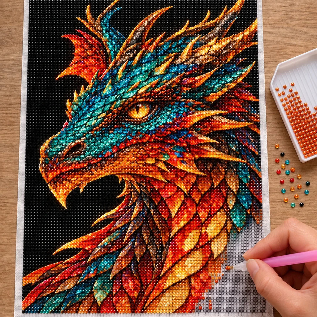 Scarlet Emerald Mosaic Dragon diamond painting process with pen and tray