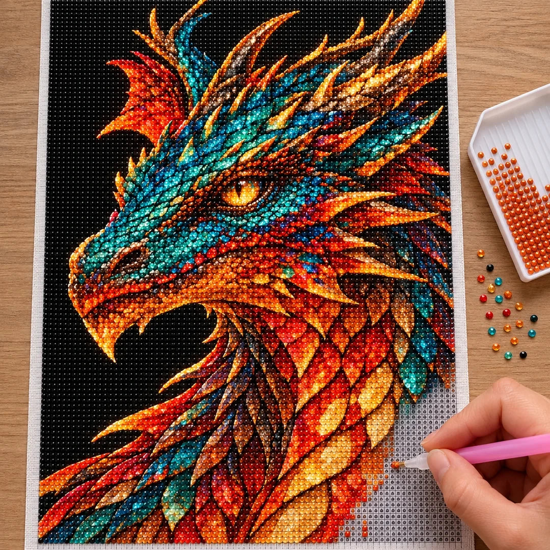 Scarlet Emerald Mosaic Dragon diamond painting process with pen and tray
