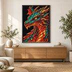 Scarlet Emerald Mosaic Dragon finished diamond painting in a home interior