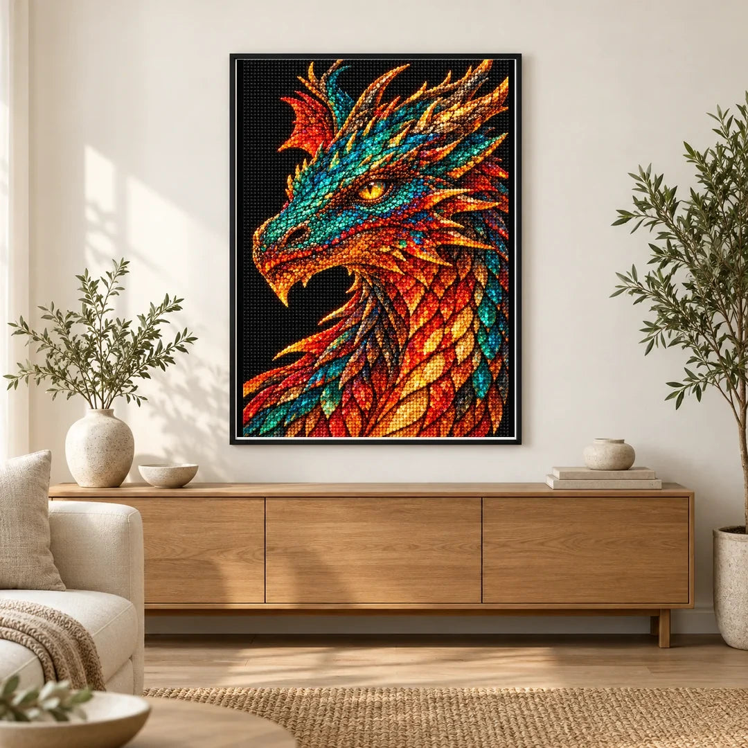 Scarlet Emerald Mosaic Dragon finished diamond painting in a home interior