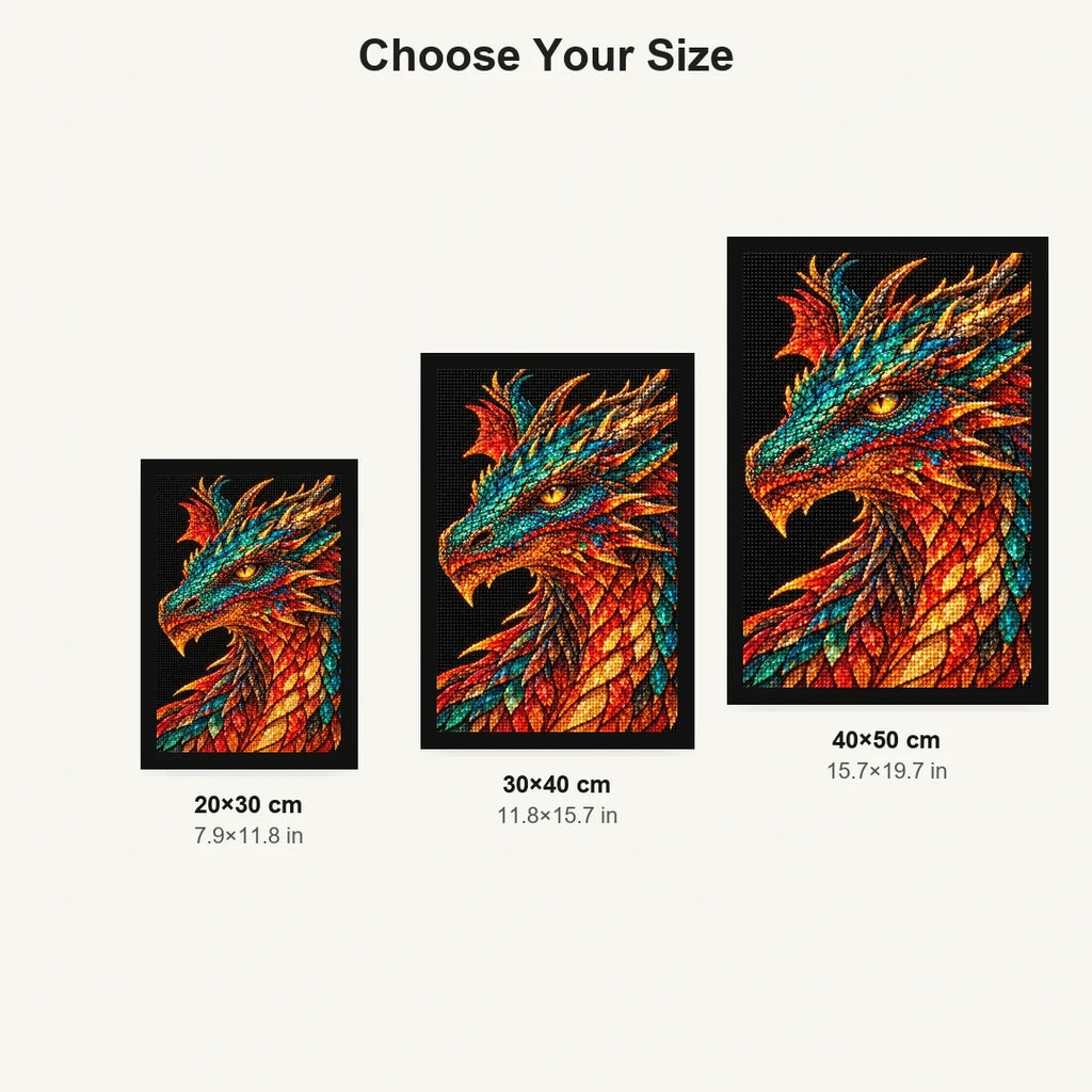Scarlet Emerald Mosaic Dragon 20 by 30, 30 by 40, and 40 by 50 centimeter size guide