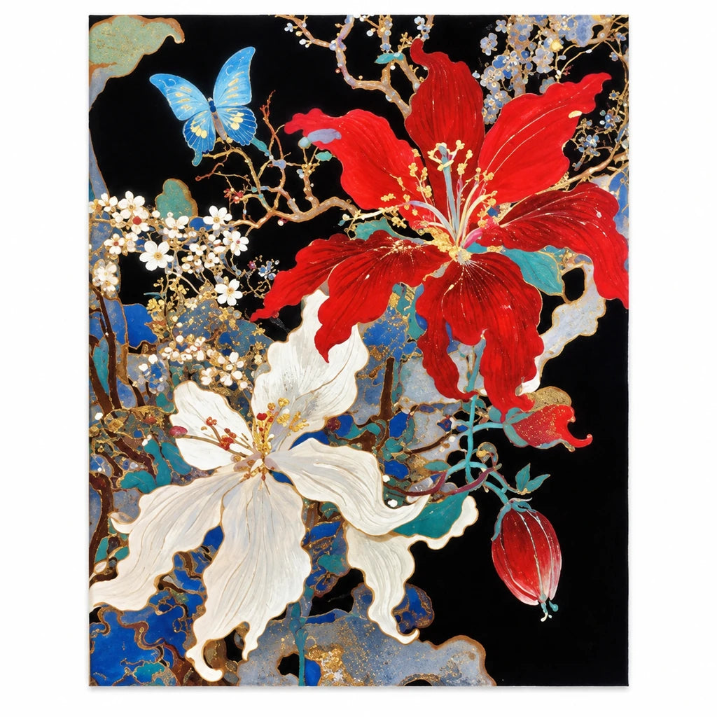 Original artwork showing scarlet hibiscus, ivory lilies, and blue butterflies.