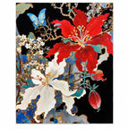 Original artwork showing scarlet hibiscus, ivory lilies, and blue butterflies.