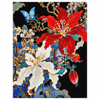 Finished diamond painting of scarlet hibiscus, ivory lilies, and blue butterflies.
