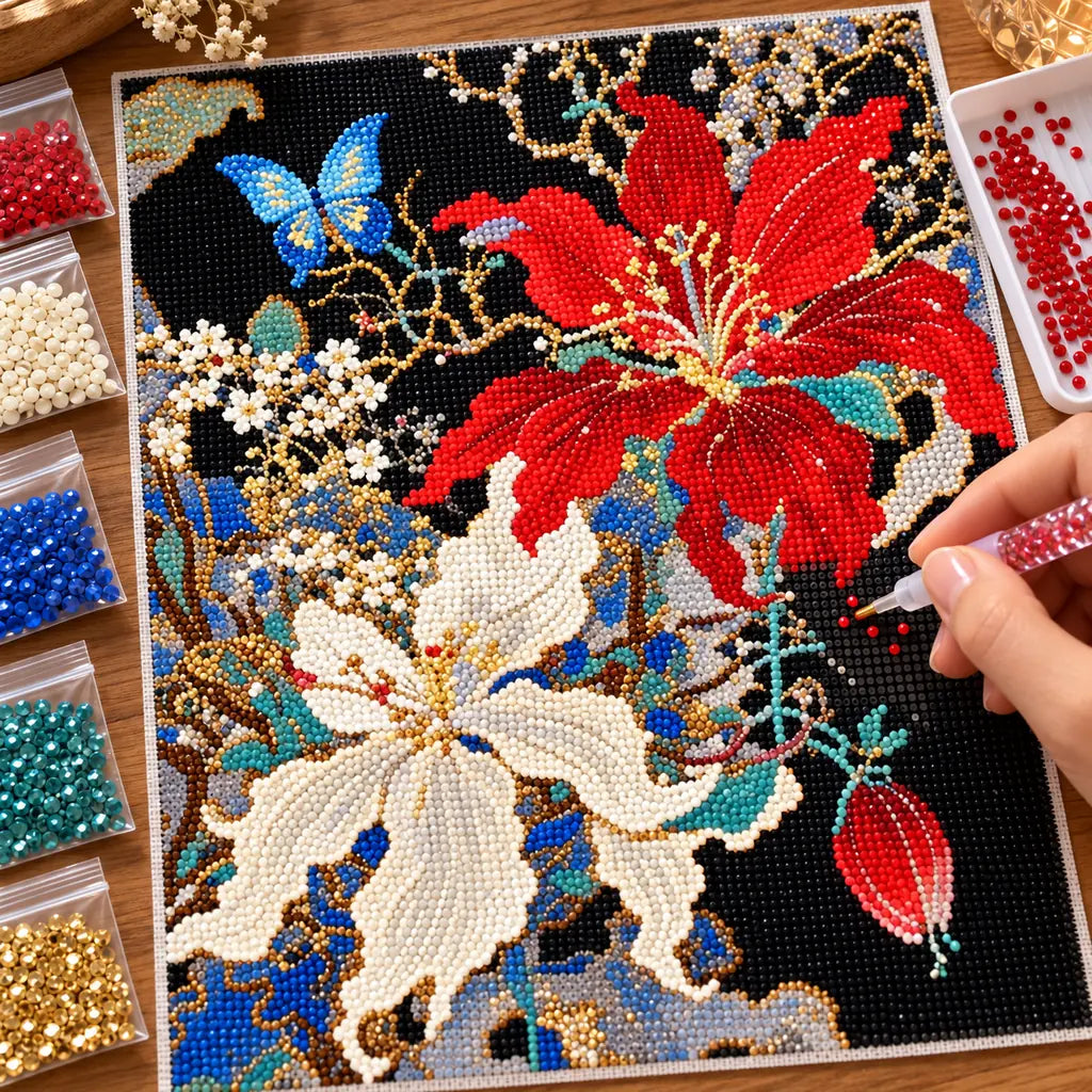 Diamond painting process for scarlet hibiscus, ivory lilies, and blue butterflies.