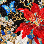 Close-up of diamond drill details in scarlet hibiscus, ivory lilies, and blue butterflies.