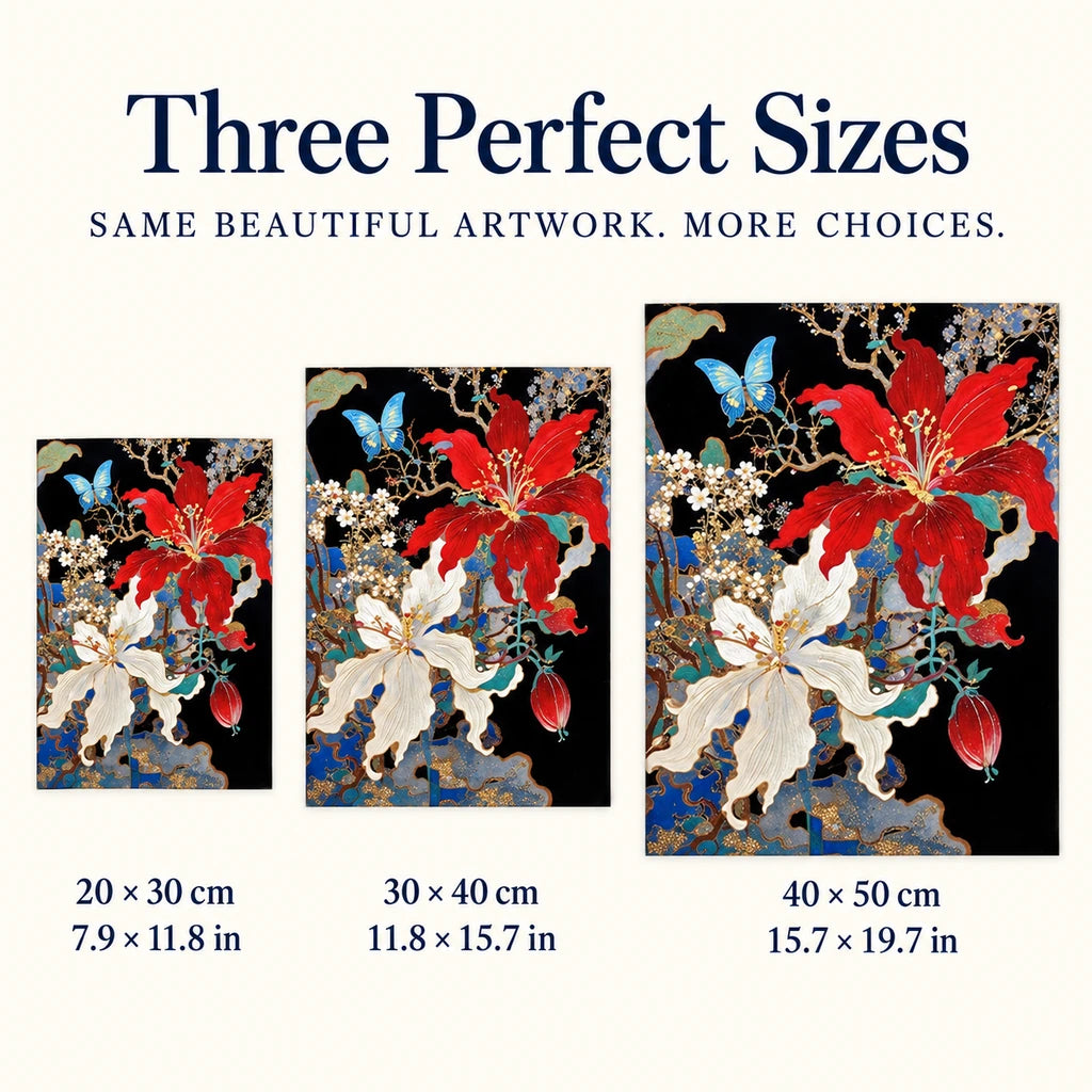 Size guide for Scarlet Hibiscus Ivory Lily Butterfly Diamond Painting Kit: 20 × 30 cm, 30 × 40 cm, and 40 × 50 cm.