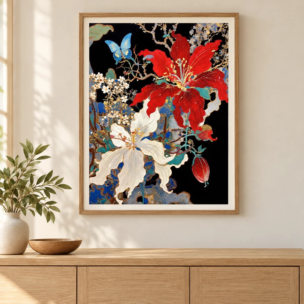 Home decor scene showing scarlet hibiscus, ivory lilies, and blue butterflies displayed on a wall.