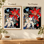 Framed and no-frame comparison for Scarlet Hibiscus Ivory Lily Butterfly Diamond Painting Kit.