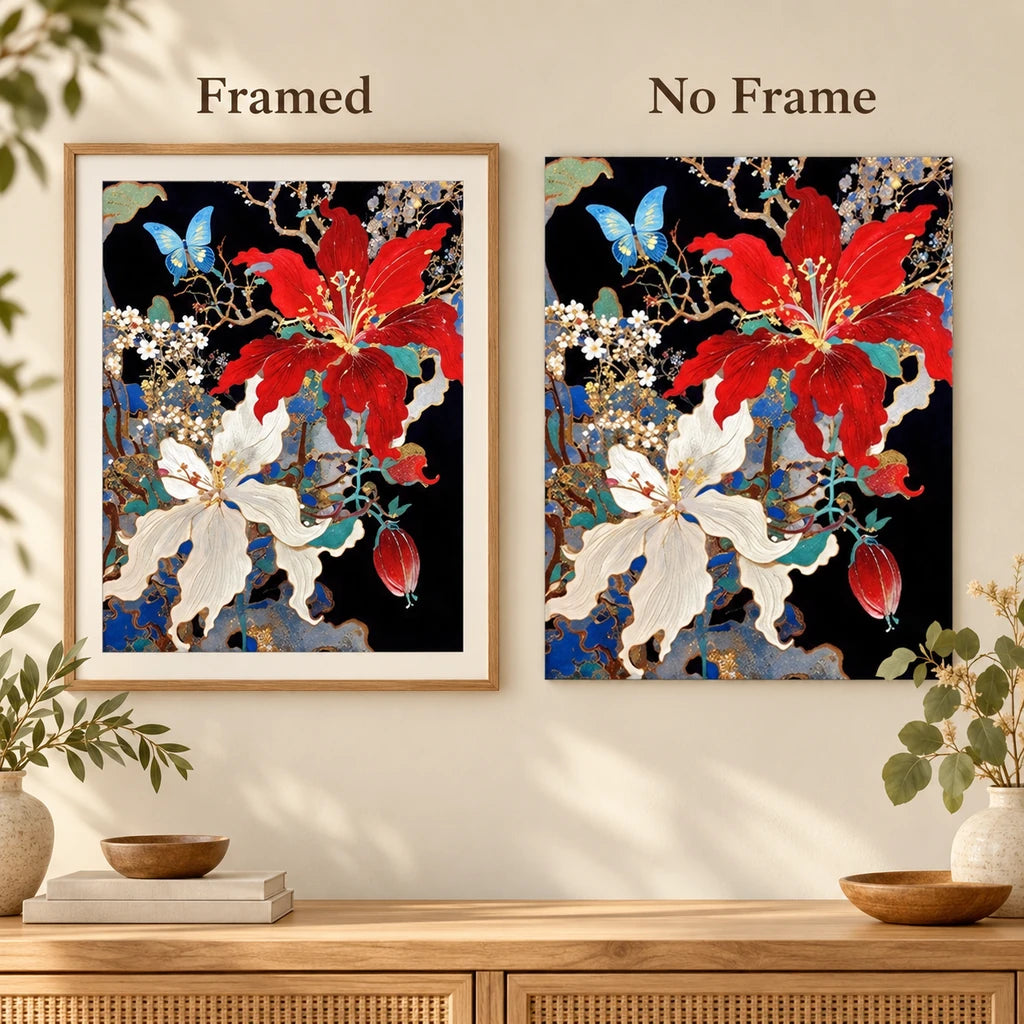 Framed and no-frame comparison for Scarlet Hibiscus Ivory Lily Butterfly Diamond Painting Kit.