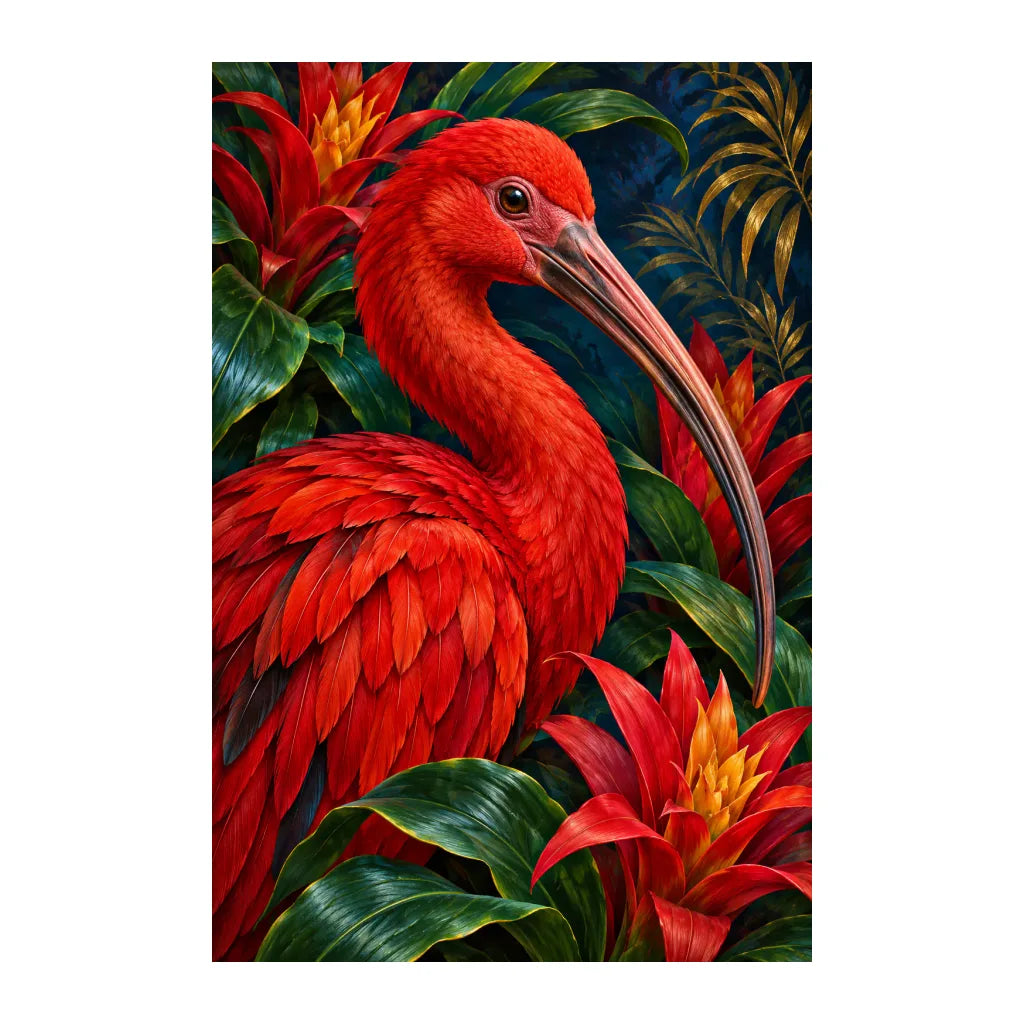 White-background original artwork of a scarlet ibis surrounded by tropical bromeliads and green foliage