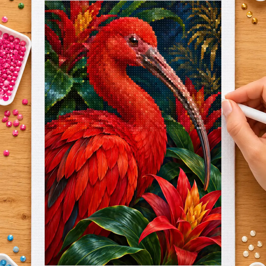 Hands placing drills on the scarlet ibis bromeliads diamond painting canvas