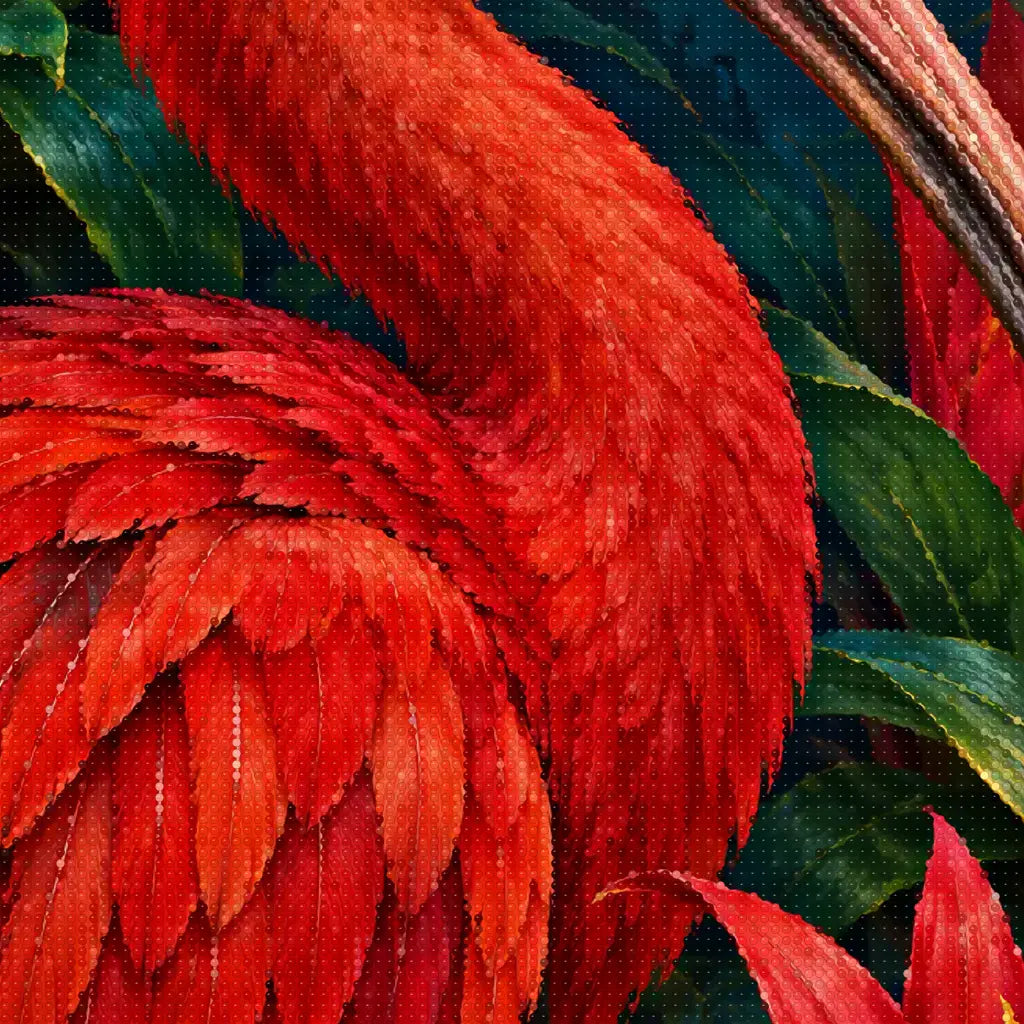 Close-up diamond detail of red ibis feathers and tropical green leaves