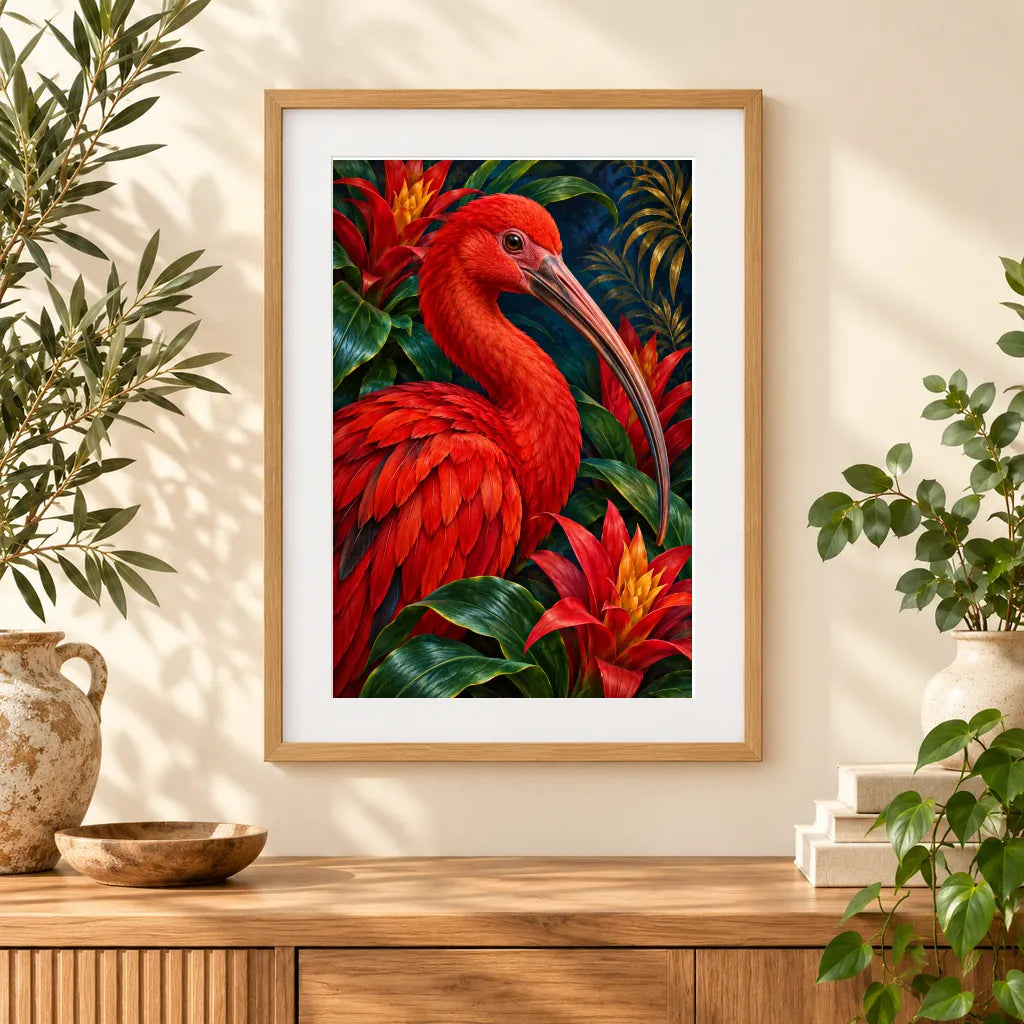 Framed home display of the scarlet ibis bromeliads diamond painting