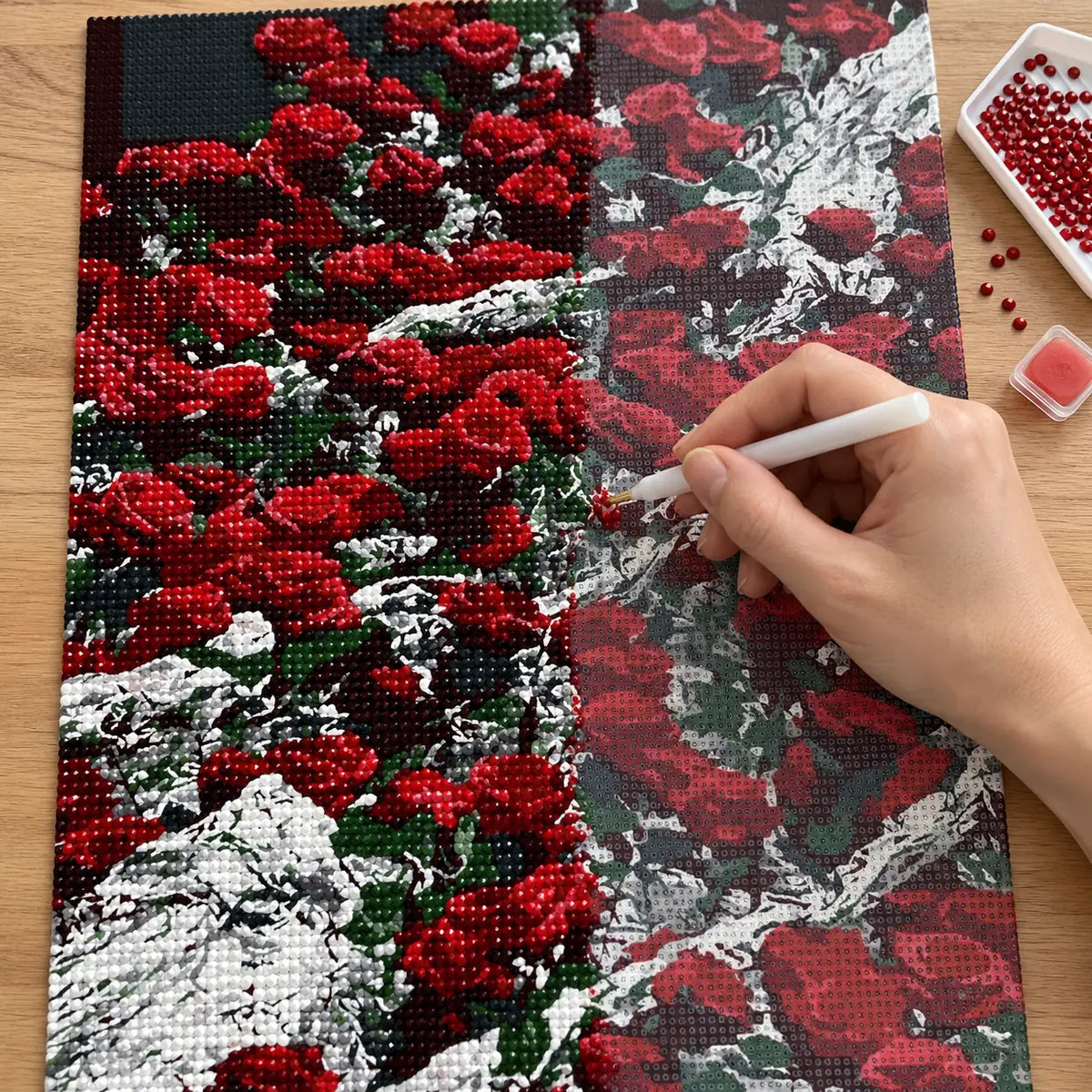 Diamond painting process for Scarlet and Ivory Bouquet