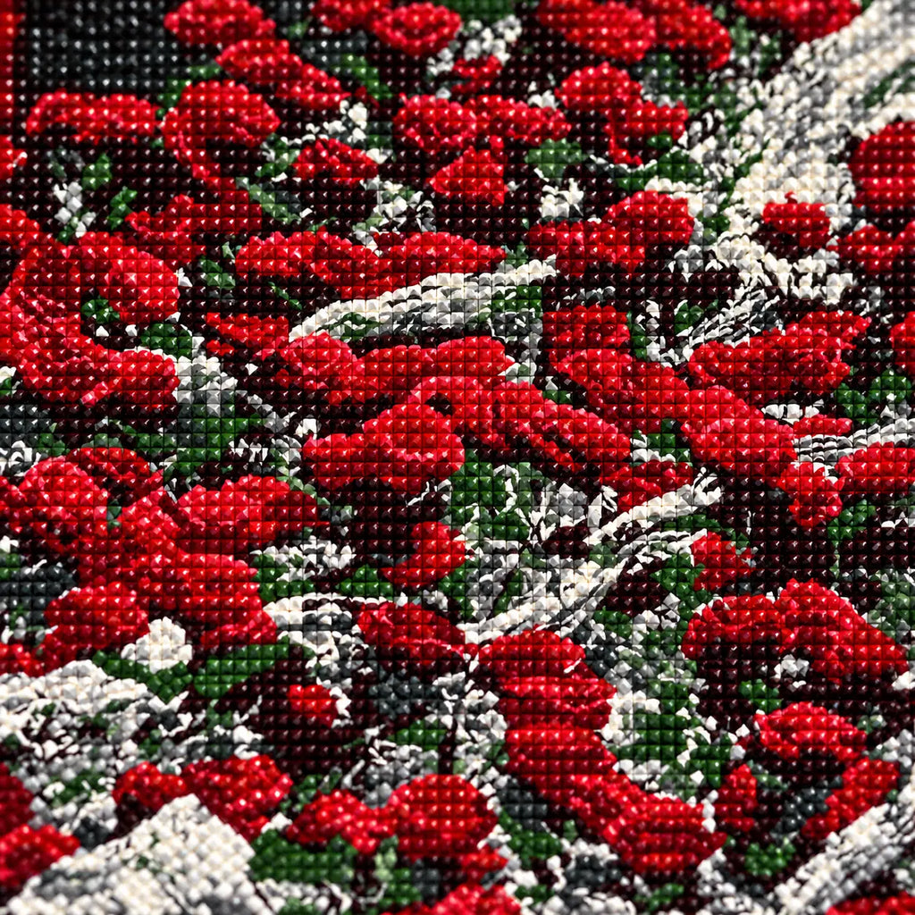 Close-up diamond drill detail of Scarlet and Ivory Bouquet