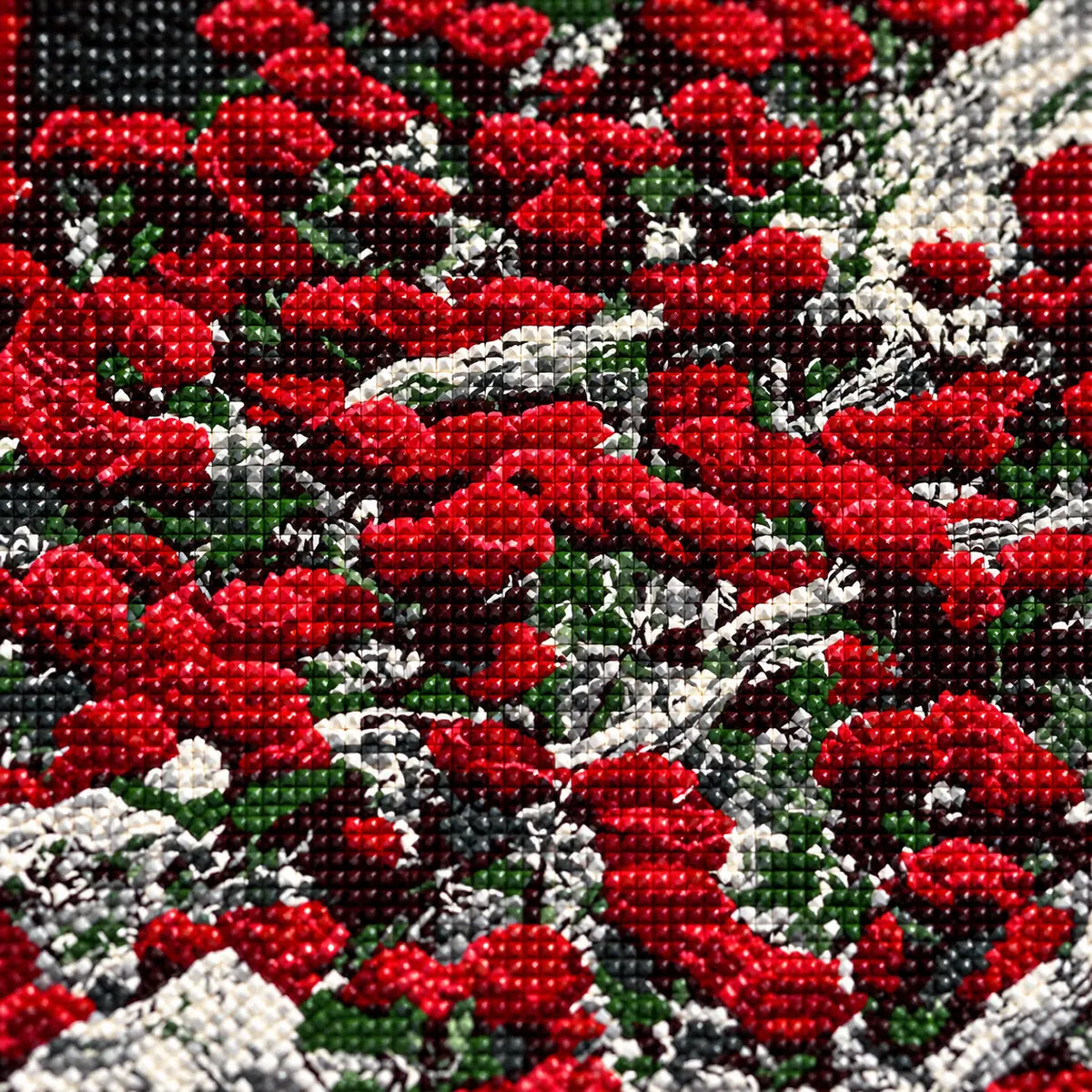 Close-up diamond drill detail of Scarlet and Ivory Bouquet