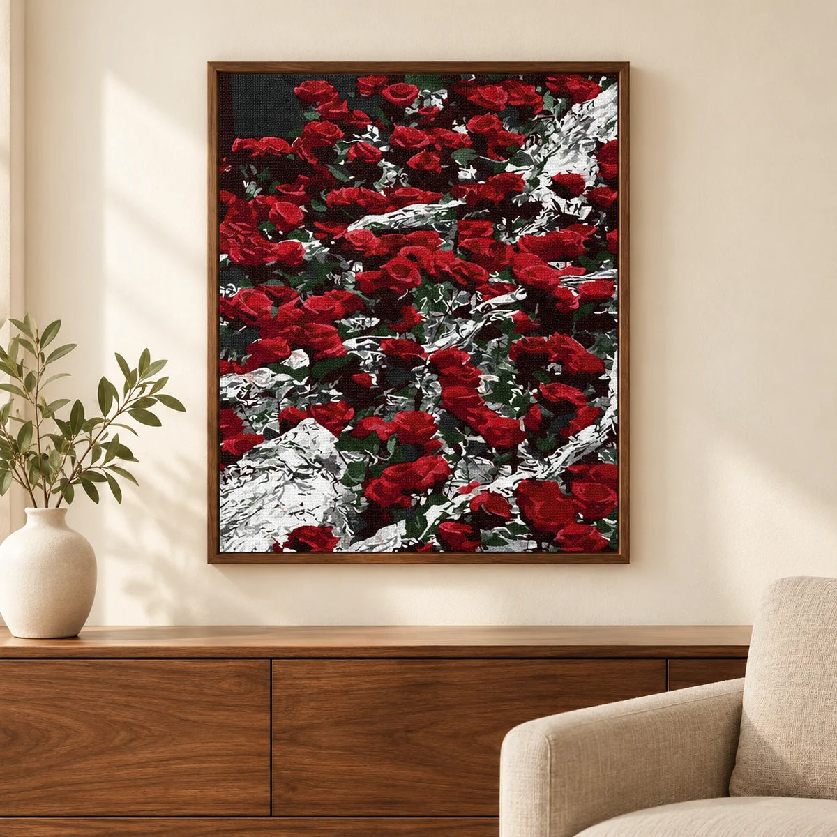 Home decor scene featuring Scarlet and Ivory Bouquet