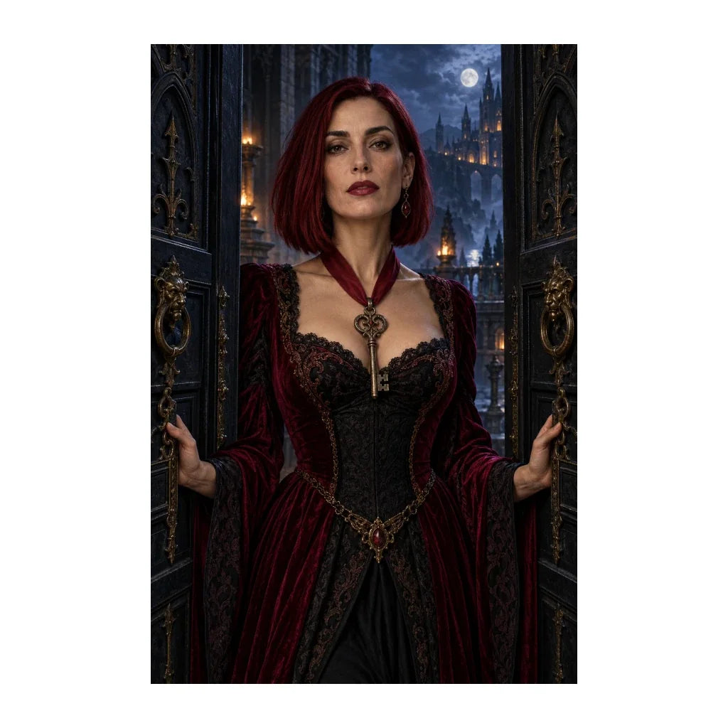 Original artwork of a woman in a burgundy gown with an ornate scarlet key.