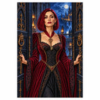 Completed diamond painting of a gothic woman holding an ornate key.