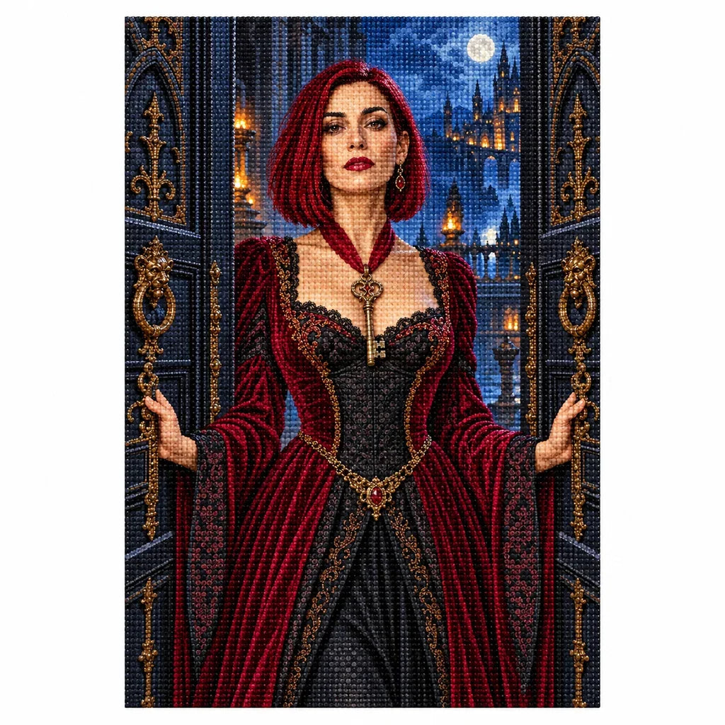 Completed diamond painting of a gothic woman holding an ornate key.