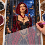Hands placing drills on the scarlet key keeper portrait diamond painting canvas.