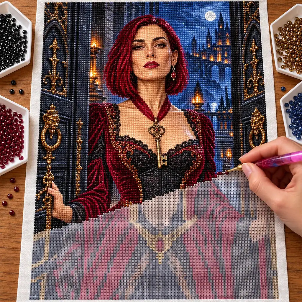 Hands placing drills on the scarlet key keeper portrait diamond painting canvas.