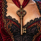 Close-up of the diamond drills on the ornate key and burgundy gown.