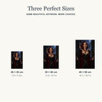 Size guide for the scarlet key keeper portrait in three portrait sizes.