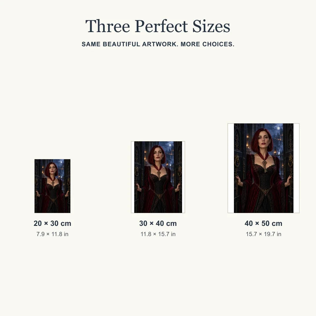 Size guide for the scarlet key keeper portrait in three portrait sizes.
