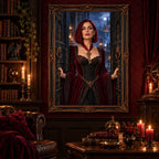 Framed scarlet key keeper portrait diamond painting displayed in a dimly lit room.