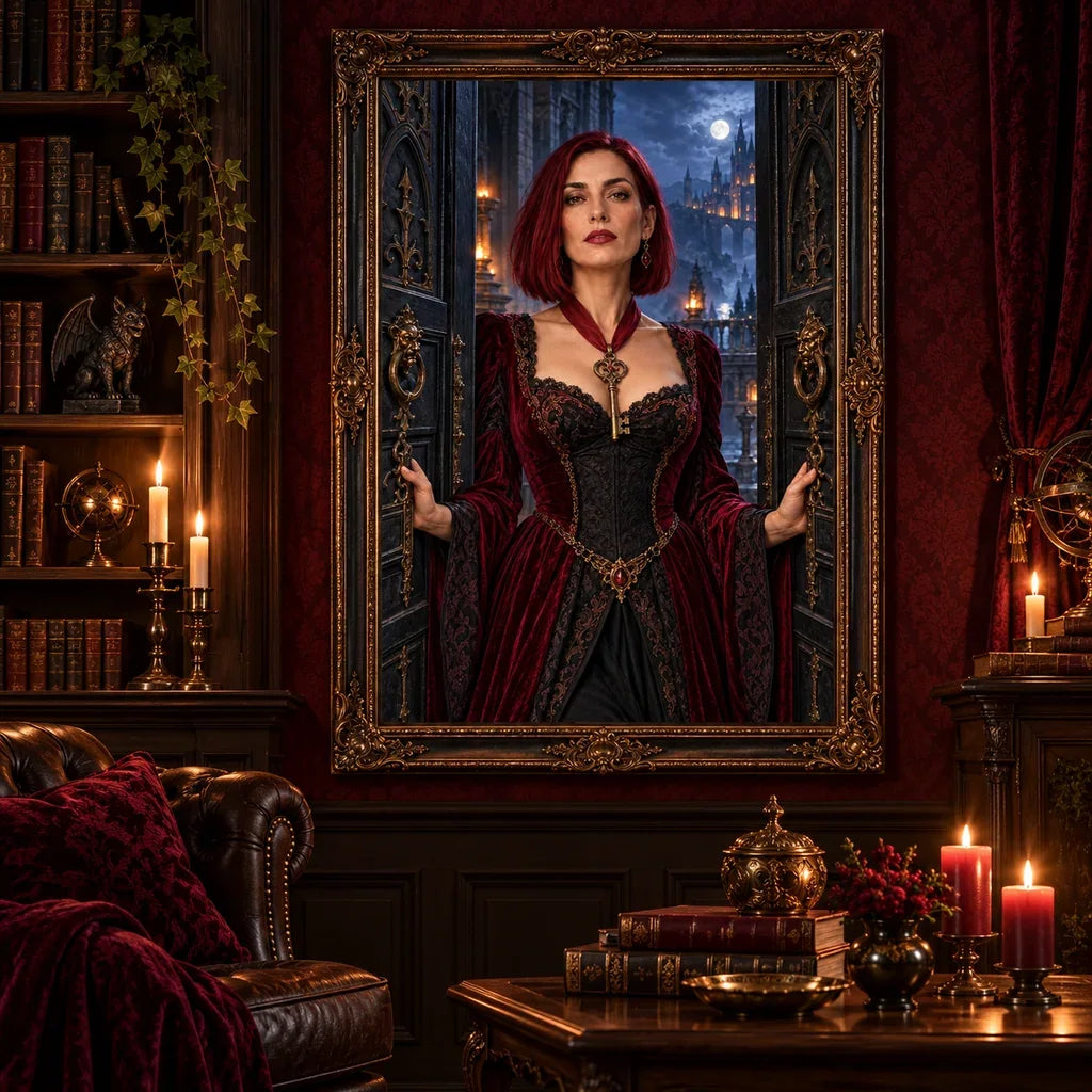 Framed scarlet key keeper portrait diamond painting displayed in a dimly lit room.
